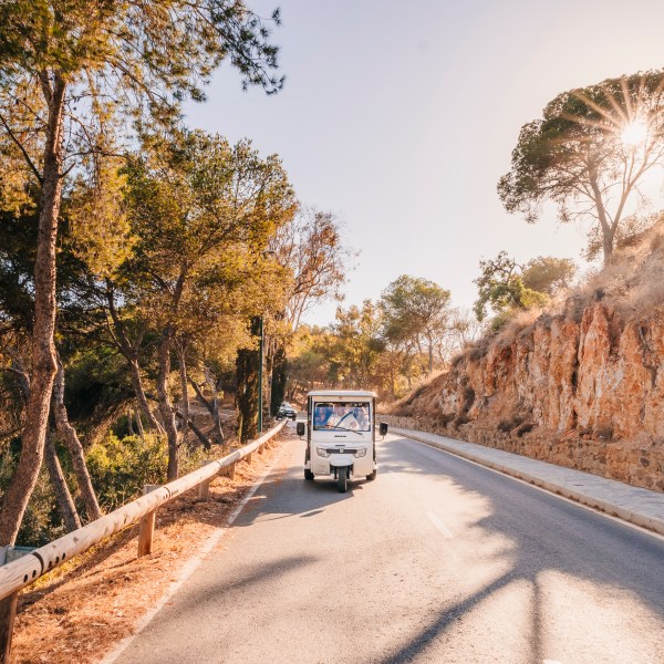 Small white vehicle on scenic road with trees and rocky cliff, sun shining through branches.